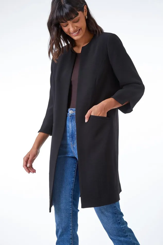 Black Smart Longline Textured Jacket Women Roman Occasionwear