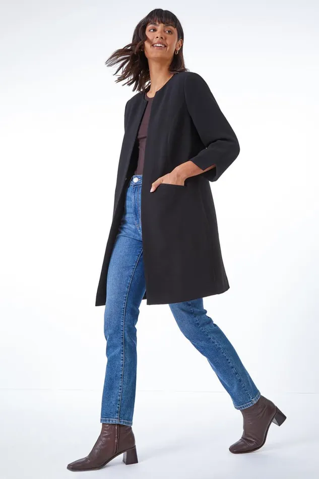 Black Smart Longline Textured Jacket Women Roman Occasionwear