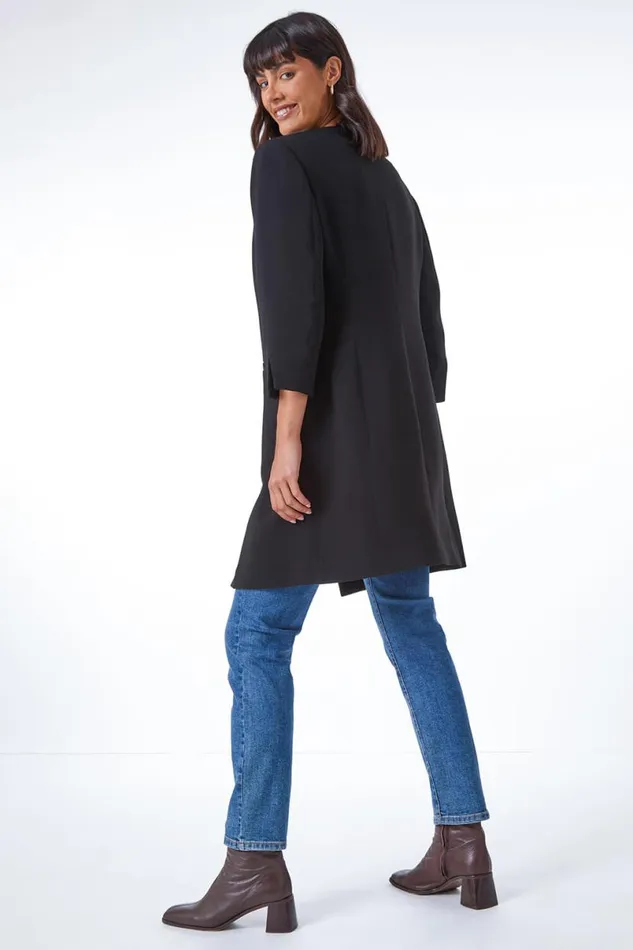 Black Smart Longline Textured Jacket Women Roman Occasionwear