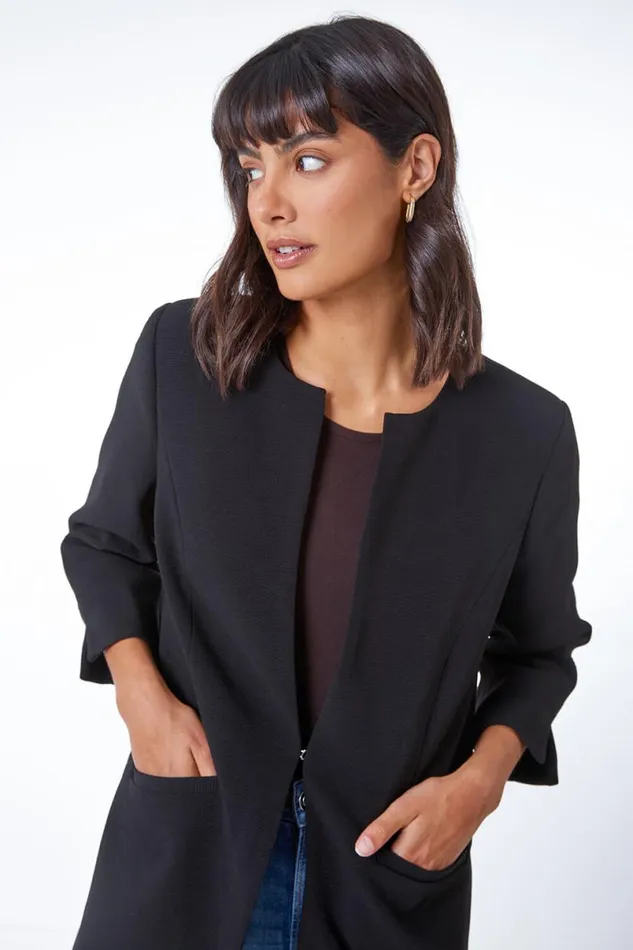 Black Smart Longline Textured Jacket Women Roman Occasionwear