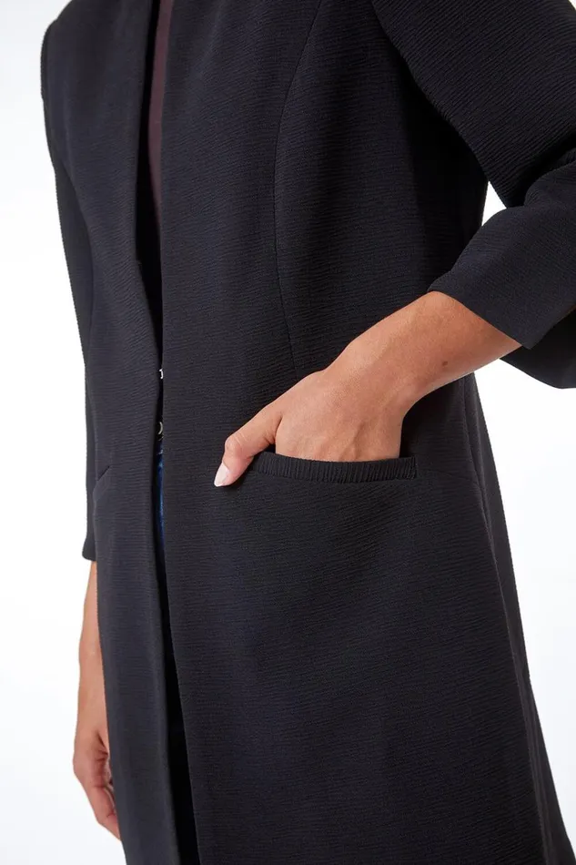 Black Smart Longline Textured Jacket Women Roman Occasionwear