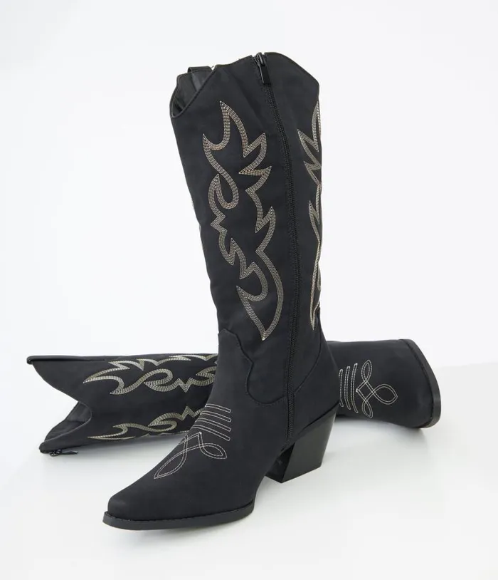 Black Suede Cowboy Boots Shoes Unique Vintage Boots