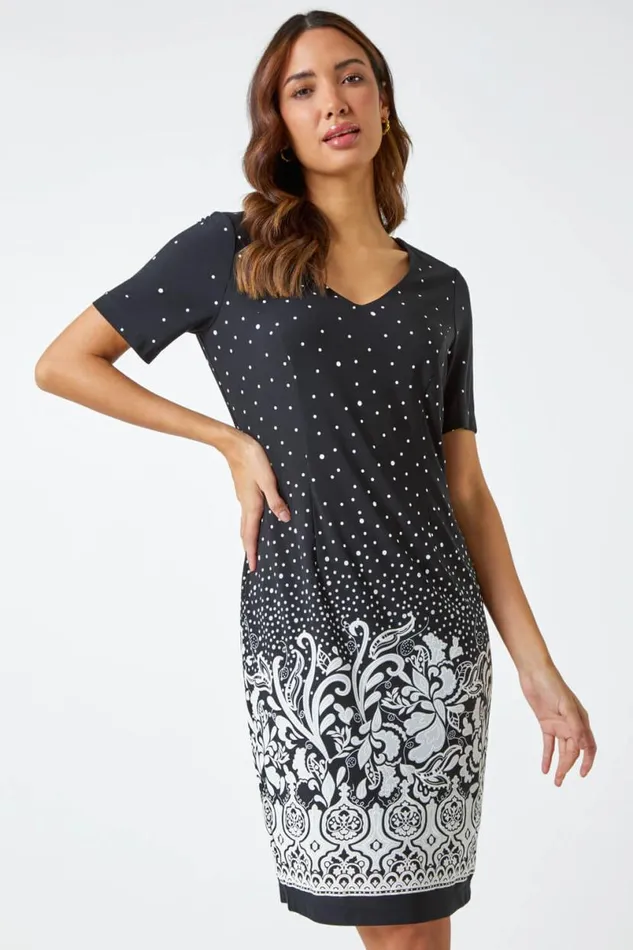 Black Textured Border Print Shift Dress Women Roman Dresses
