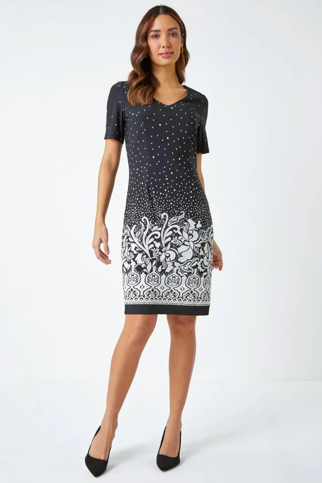 Black Textured Border Print Shift Dress Women Roman Dresses
