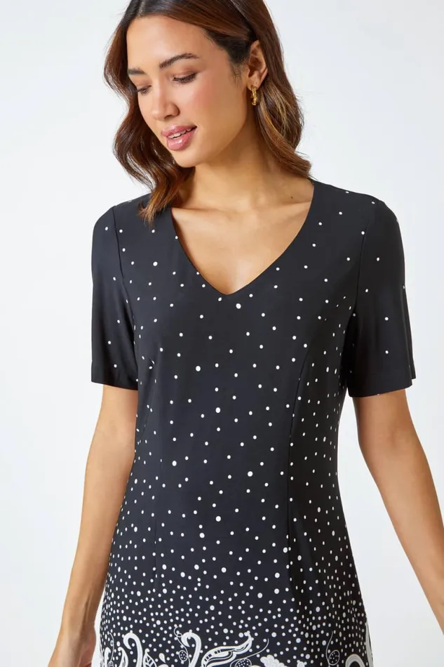 Black Textured Border Print Shift Dress Women Roman Dresses