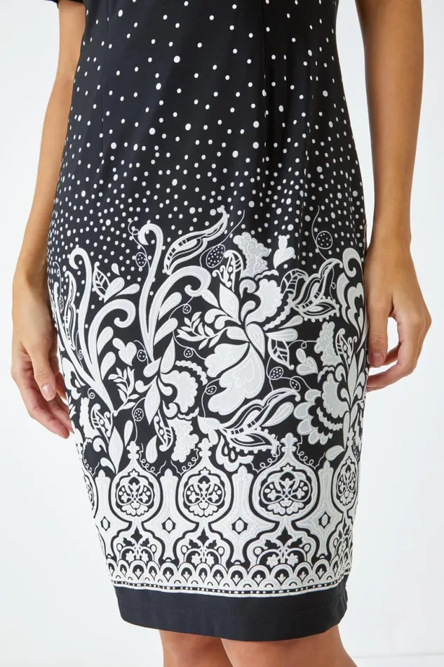 Black Textured Border Print Shift Dress Women Roman Dresses