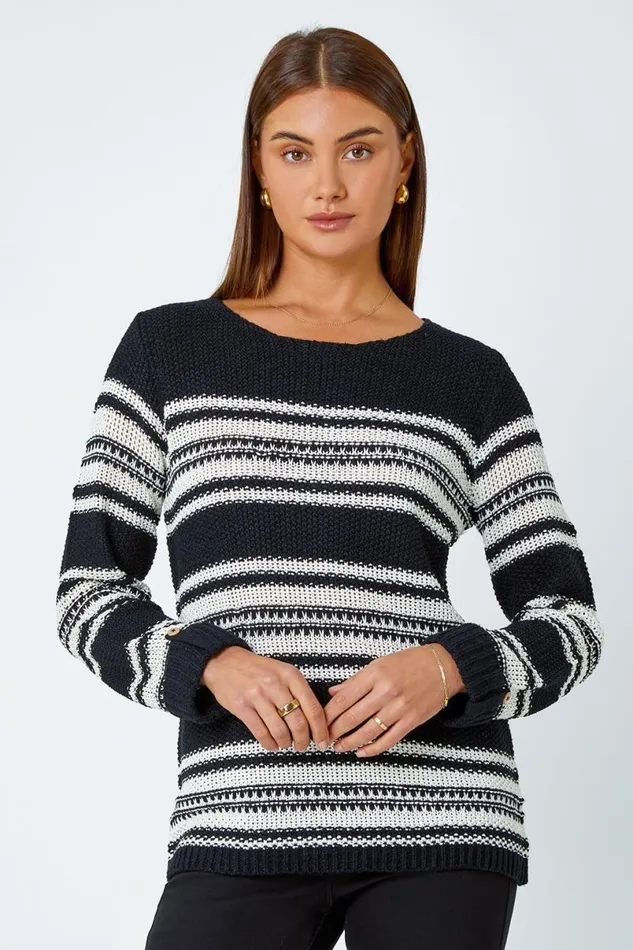 Black Textured Multi Stripe Jumper Women Roman Knitwear