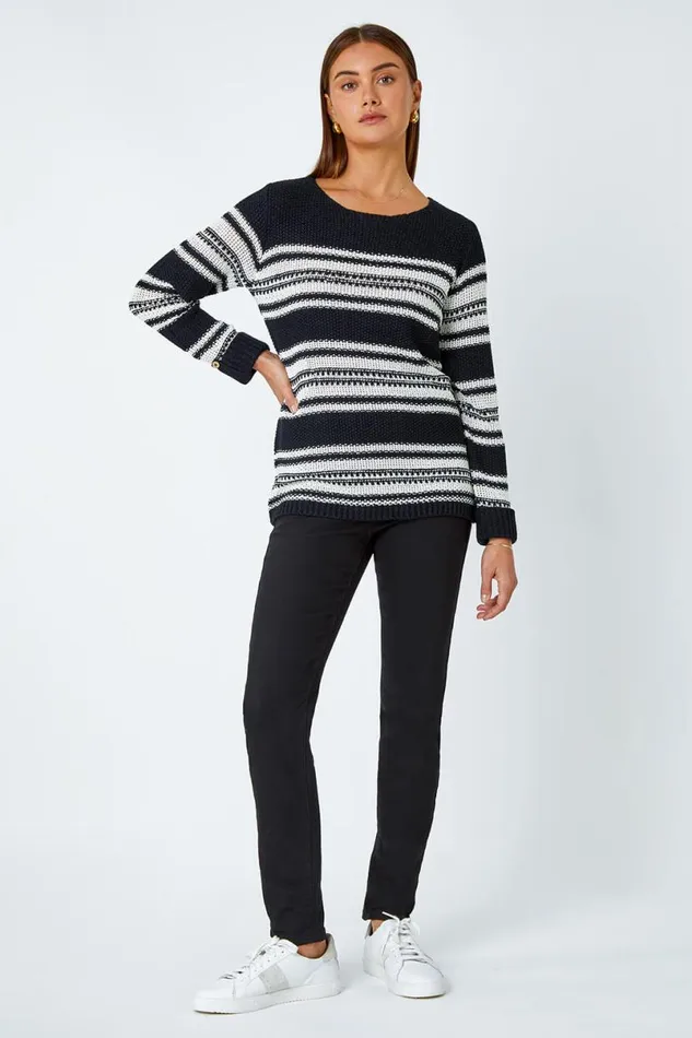 Black Textured Multi Stripe Jumper Women Roman Knitwear