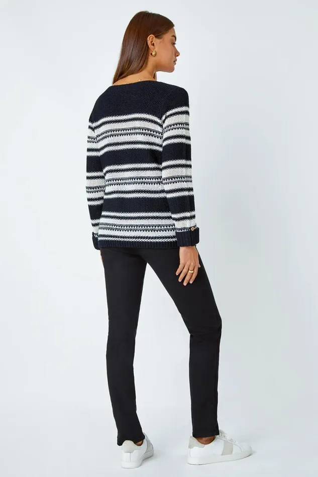 Black Textured Multi Stripe Jumper Women Roman Knitwear
