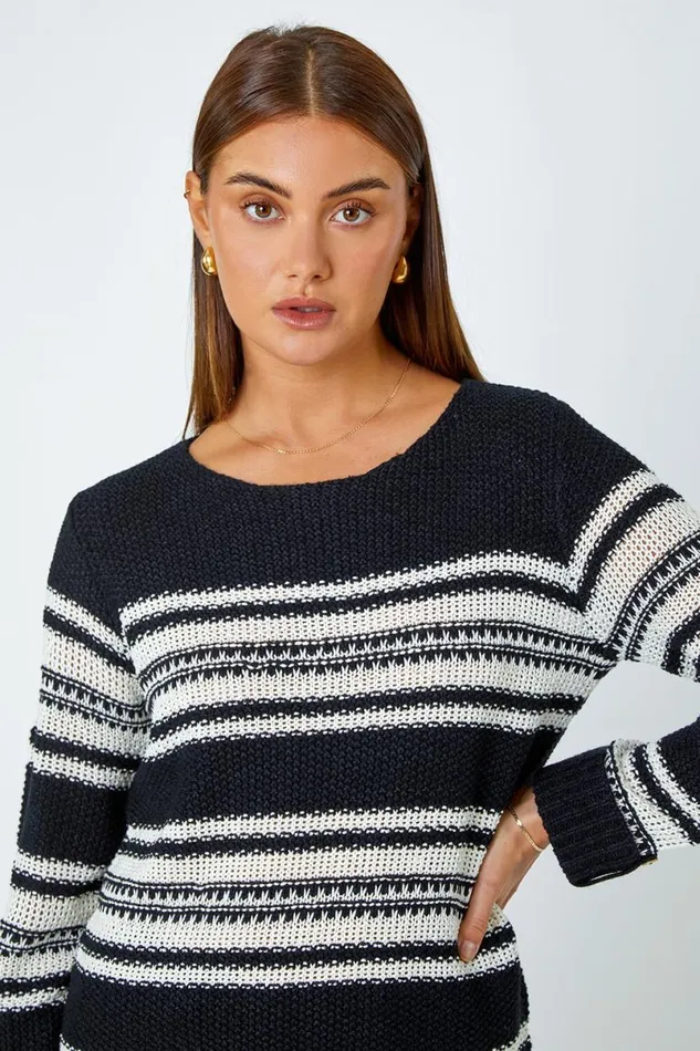 Black Textured Multi Stripe Jumper Women Roman Knitwear