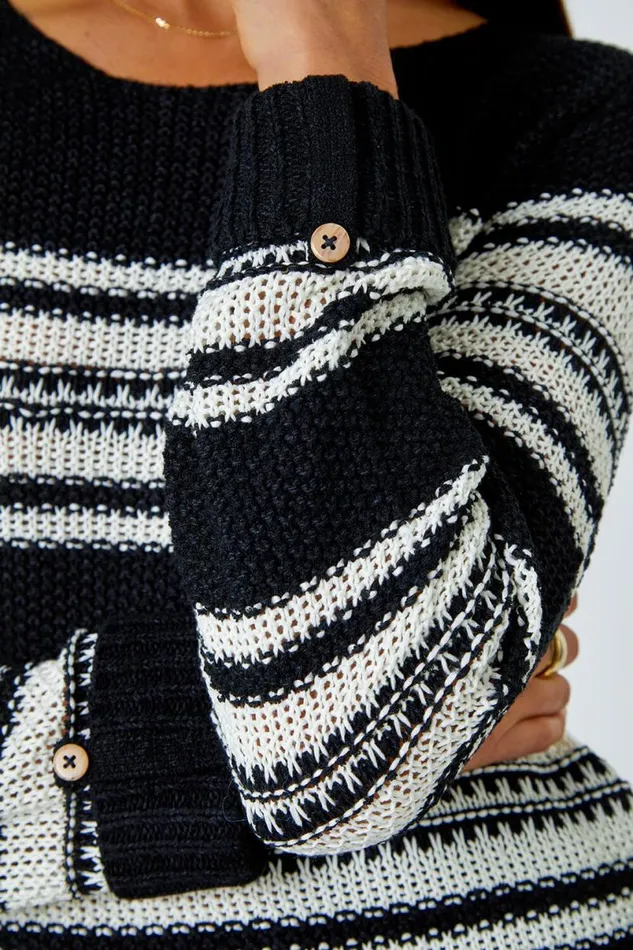 Black Textured Multi Stripe Jumper Women Roman Knitwear
