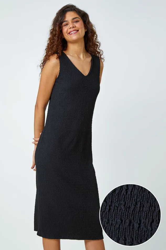 Black Textured Stretch Jersey Midi Dress Women Roman Dresses