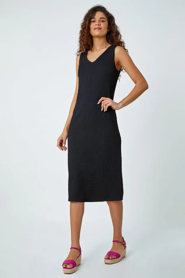 Black Textured Stretch Jersey Midi Dress Women Roman Dresses