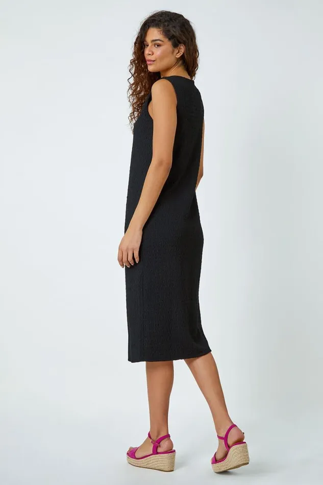 Black Textured Stretch Jersey Midi Dress Women Roman Dresses