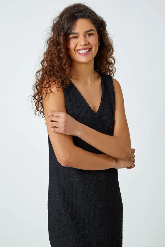 Black Textured Stretch Jersey Midi Dress Women Roman Dresses