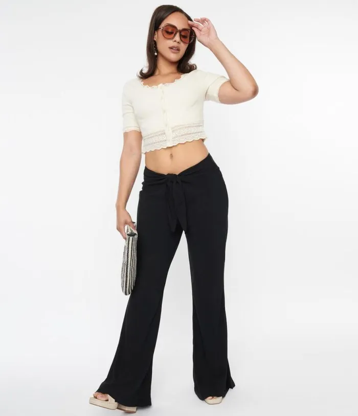 Black Tie Front Flare Leg Pants ClothingPlus Unique Vintage Pants