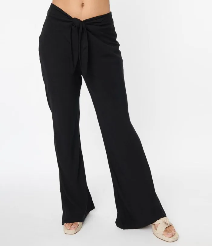Black Tie Front Flare Leg Pants ClothingPlus Unique Vintage Pants