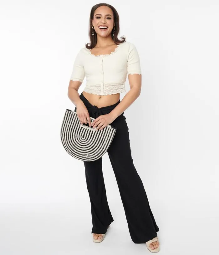 Black Tie Front Flare Leg Pants ClothingPlus Unique Vintage Pants