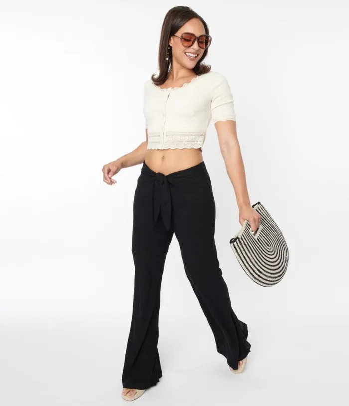 Black Tie Front Flare Leg Pants ClothingPlus Unique Vintage Pants