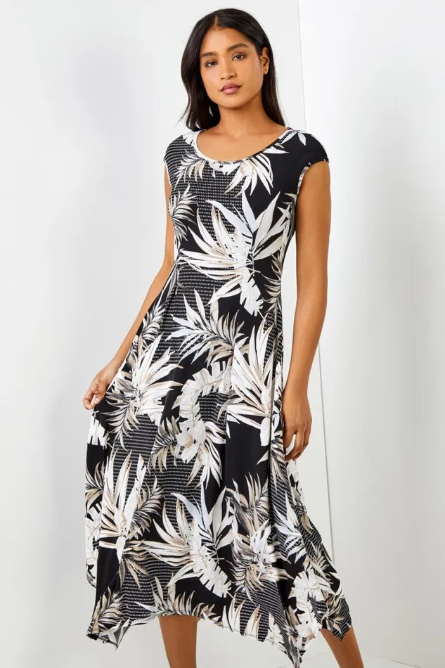 Black Tropical Hanky Hem Asymmetric Maxi Dress Women Roman Dresses