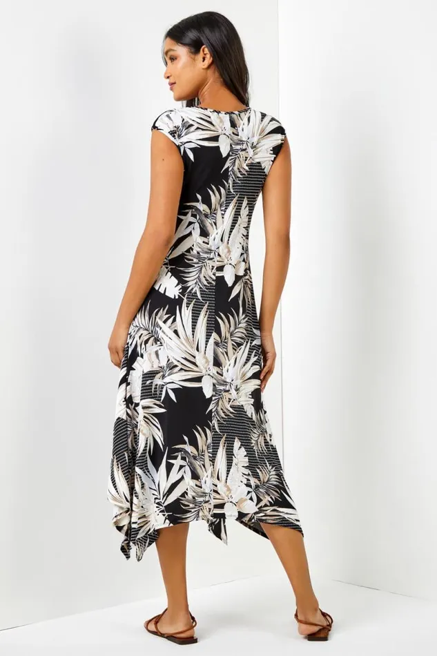 Black Tropical Hanky Hem Asymmetric Maxi Dress Women Roman Dresses