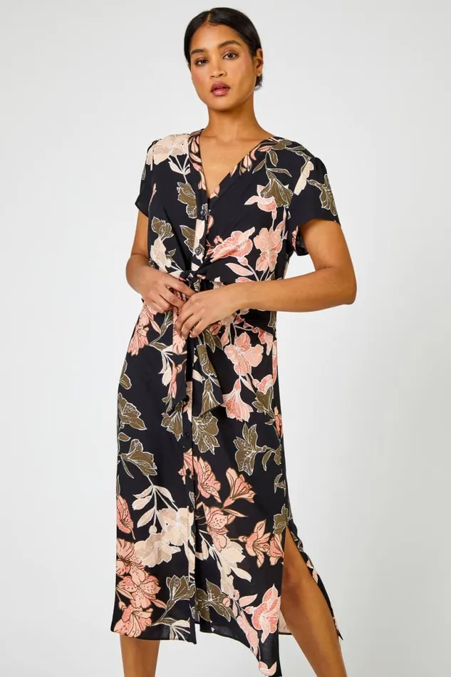 Black Tropical Print Tie Knot Detail Dress Women Roman Dresses