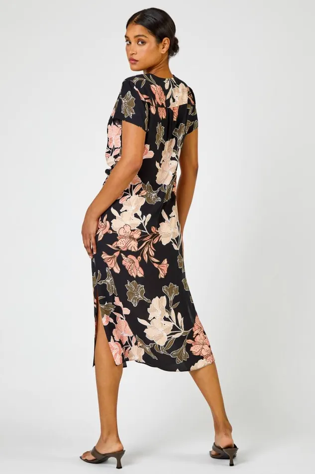 Black Tropical Print Tie Knot Detail Dress Women Roman Dresses