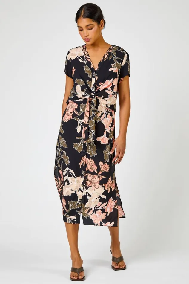Black Tropical Print Tie Knot Detail Dress Women Roman Dresses