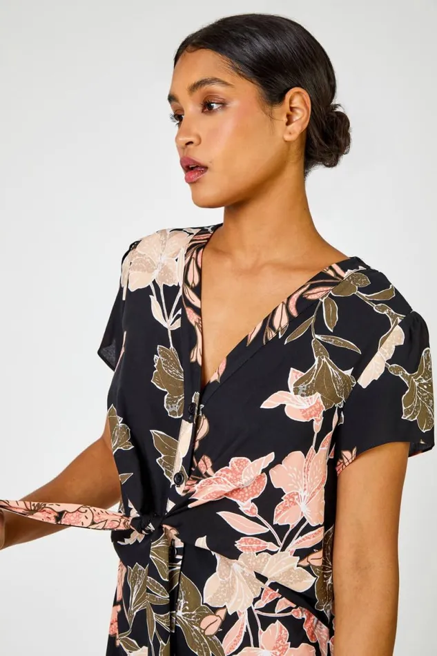 Black Tropical Print Tie Knot Detail Dress Women Roman Dresses