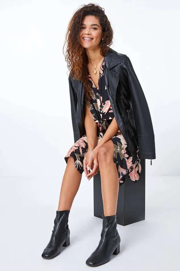 Black Tropical Print Tie Knot Detail Dress Women Roman Dresses