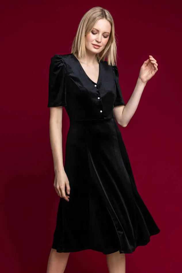 Black Velvet Button Detail Midi Dress Women Roman Dresses
