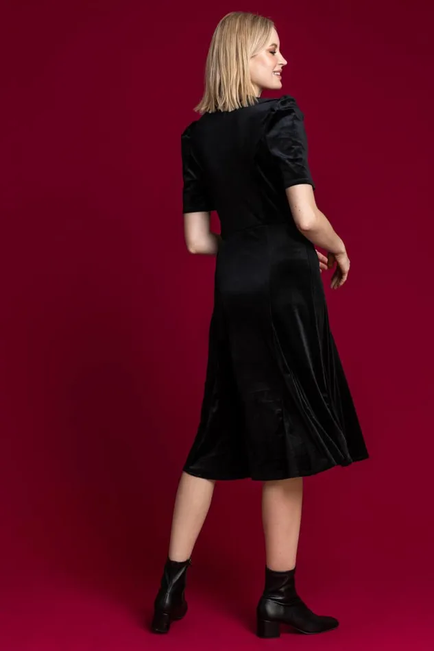 Black Velvet Button Detail Midi Dress Women Roman Dresses