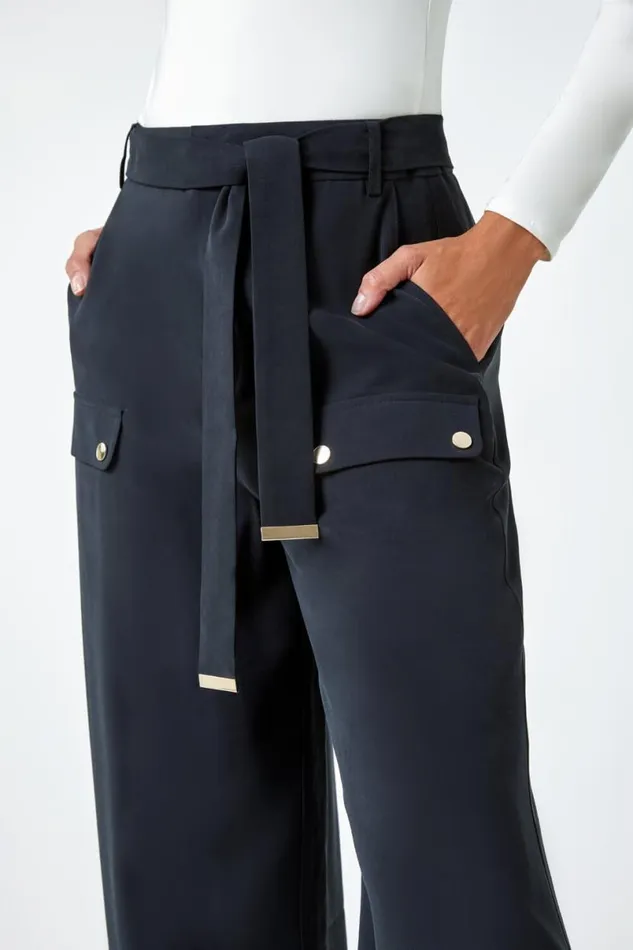 Black Wide Leg Belted Stretch Trousers Women Roman Trousers
