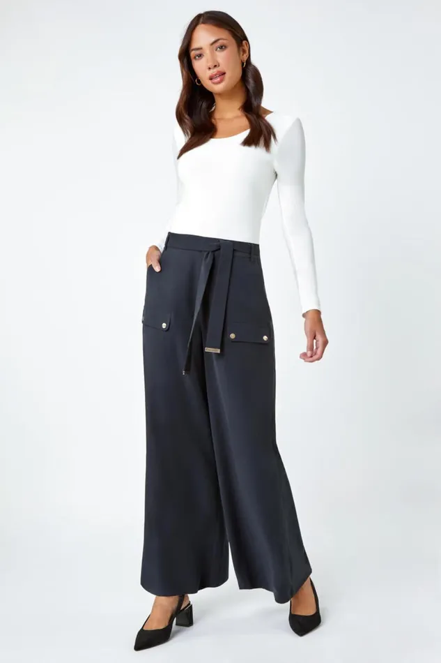 Black Wide Leg Belted Stretch Trousers Women Roman Trousers