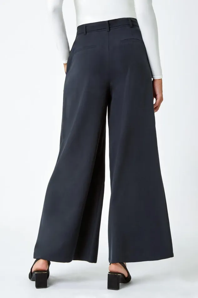 Black Wide Leg Belted Stretch Trousers Women Roman Trousers