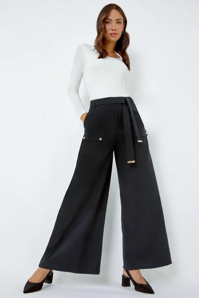 Black Wide Leg Belted Stretch Trousers Women Roman Trousers