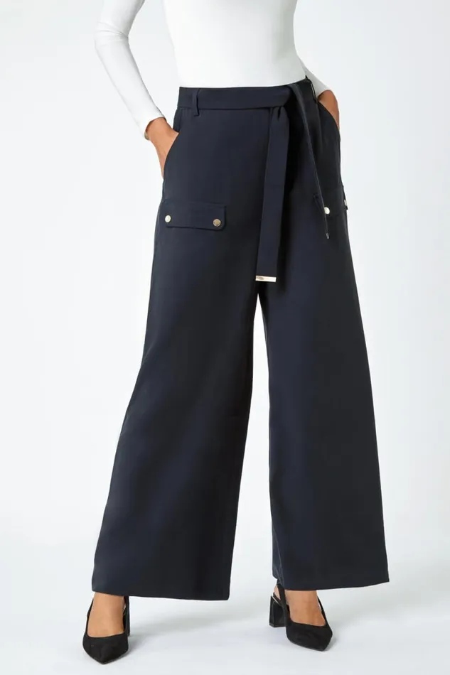 Black Wide Leg Belted Stretch Trousers Women Roman Trousers