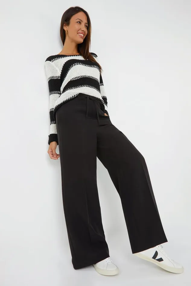 Black Wide Leg Elastic Waist Tie Front Trouser Women Roman Trousers