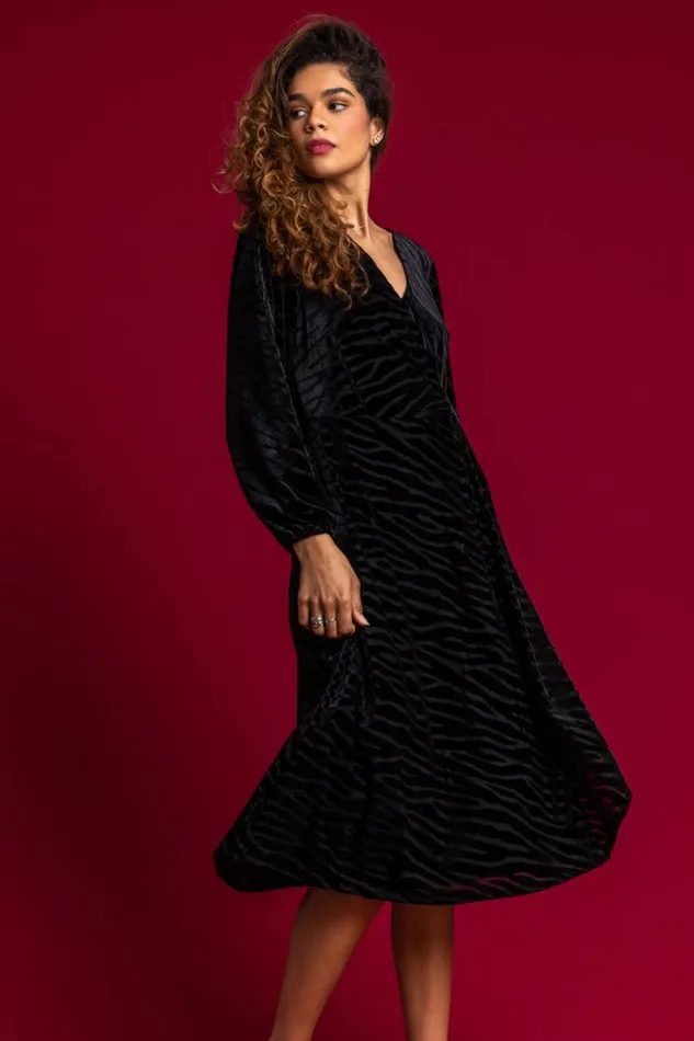 Black Zebra Print Burnout Ruched Wrap Dress Women Roman Dresses
