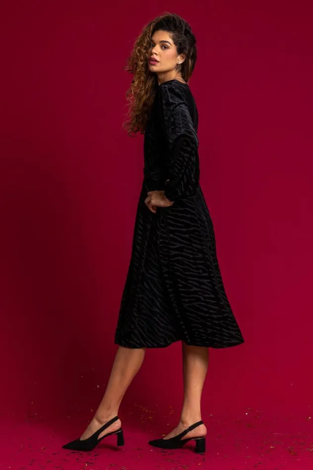 Black Zebra Print Burnout Ruched Wrap Dress Women Roman Dresses