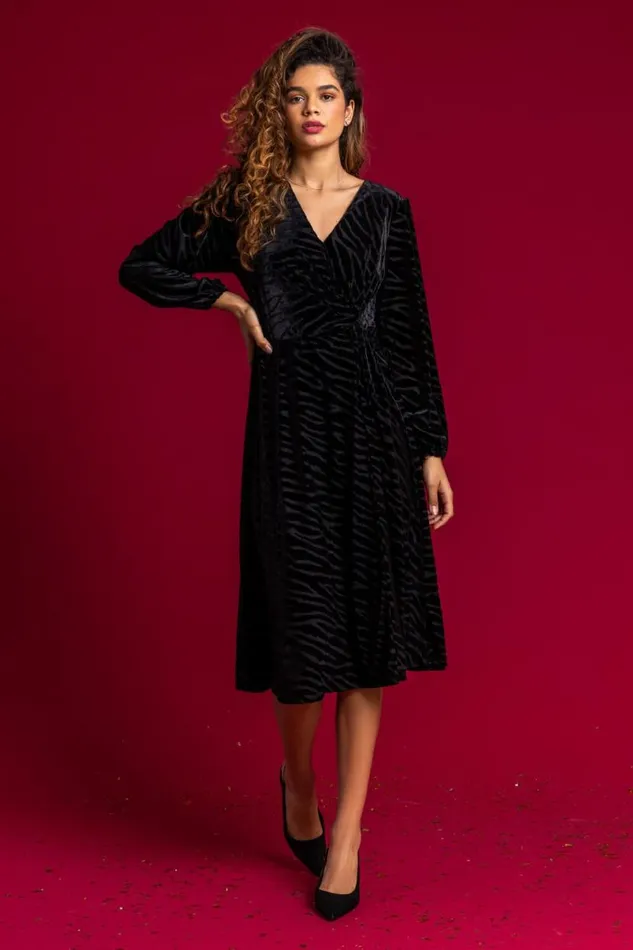 Black Zebra Print Burnout Ruched Wrap Dress Women Roman Dresses