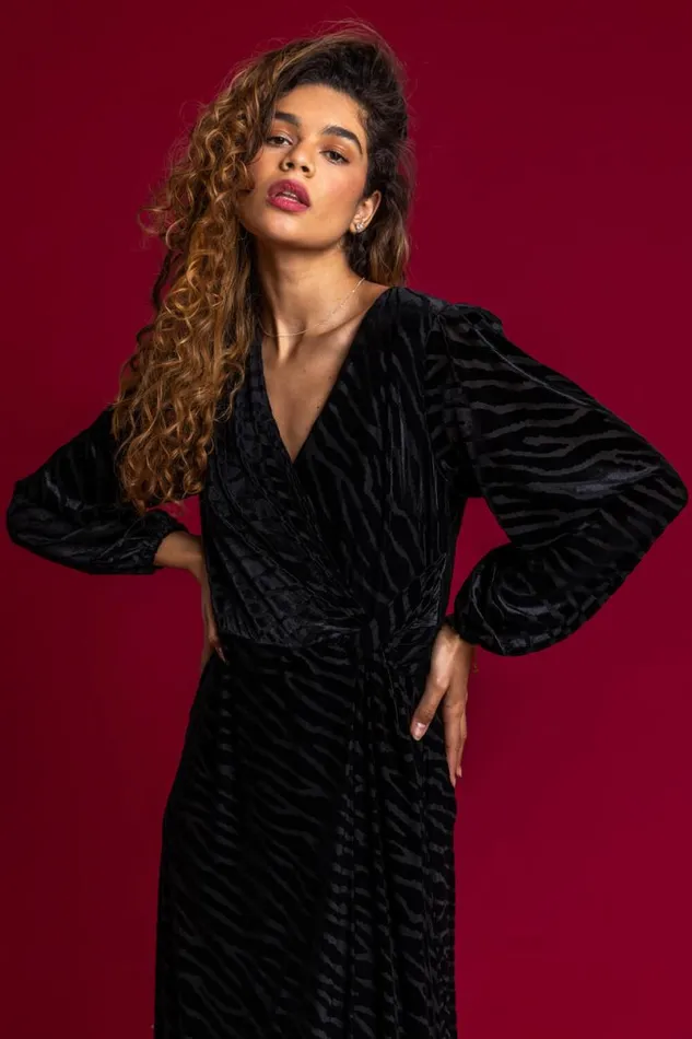 Black Zebra Print Burnout Ruched Wrap Dress Women Roman Dresses