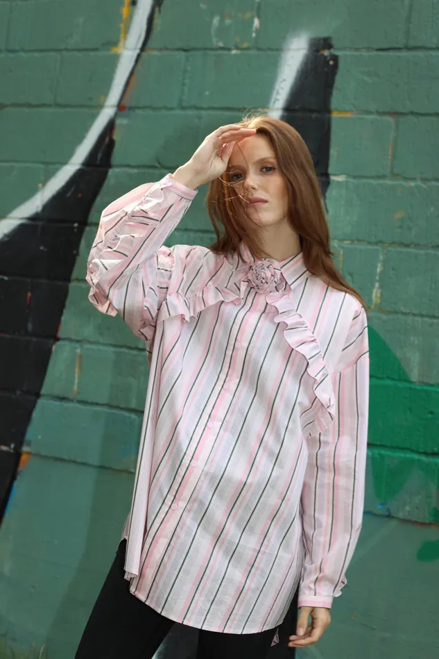 Blooming Shirt 8211 Pink Green Stripe Women Cras Shirts