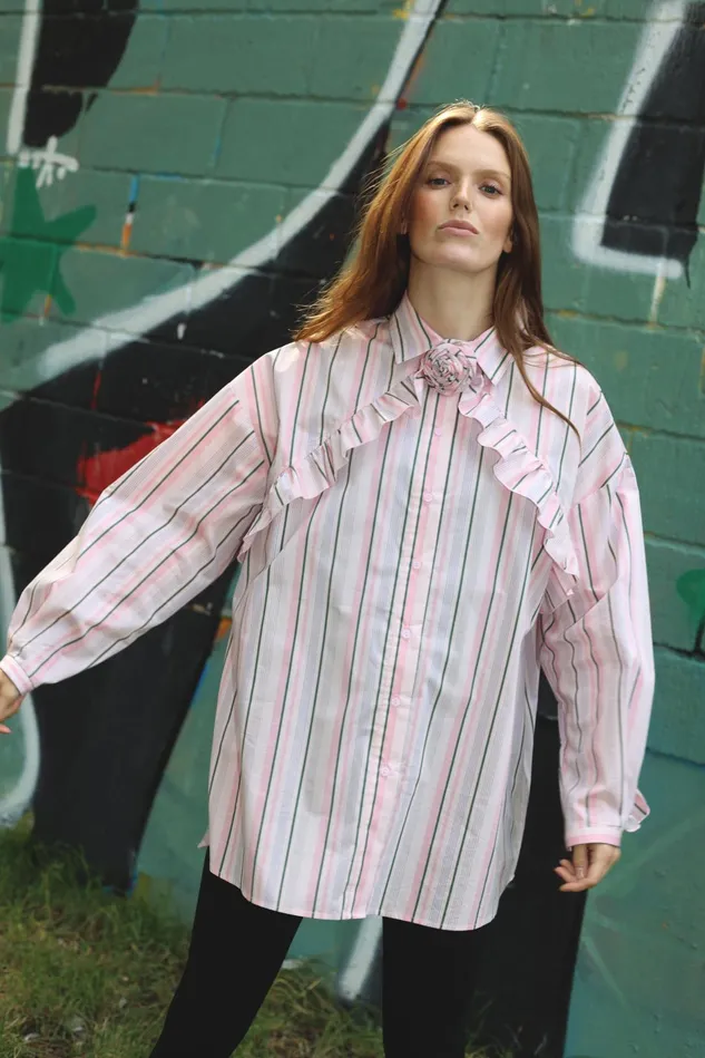Blooming Shirt 8211 Pink Green Stripe Women Cras Shirts