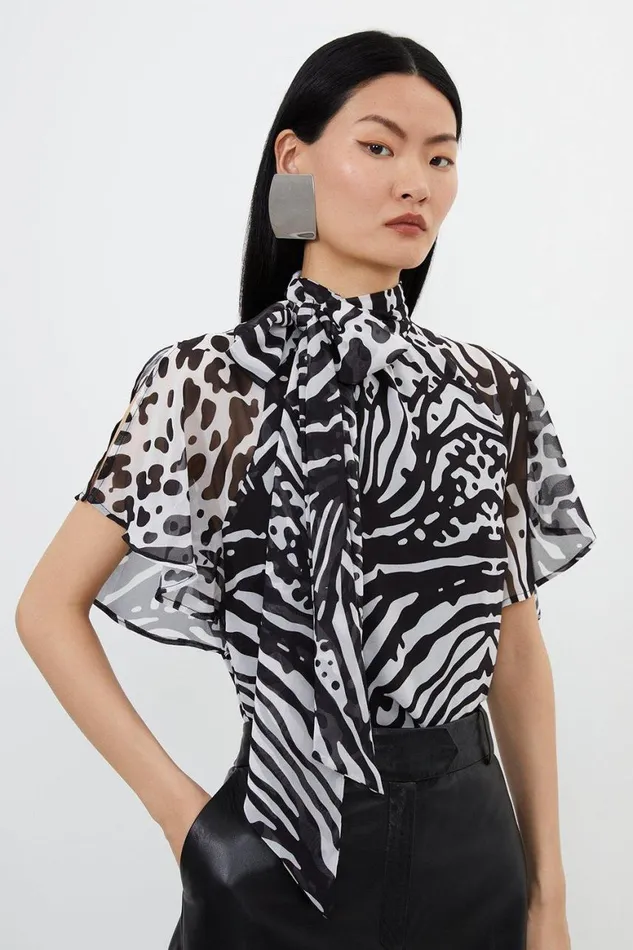Blouses Women Karen Millen Animal Print Georgette Woven Tie Neck Top Black