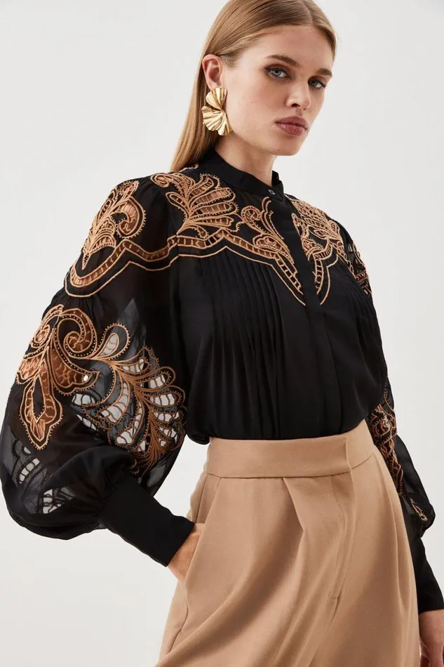 Blouses Women Karen Millen Cutwork Beaded Embroidered Woven Blouse Black