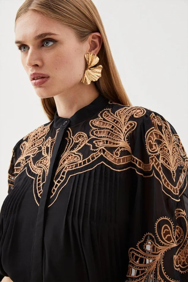 Blouses Women Karen Millen Cutwork Beaded Embroidered Woven Blouse Black