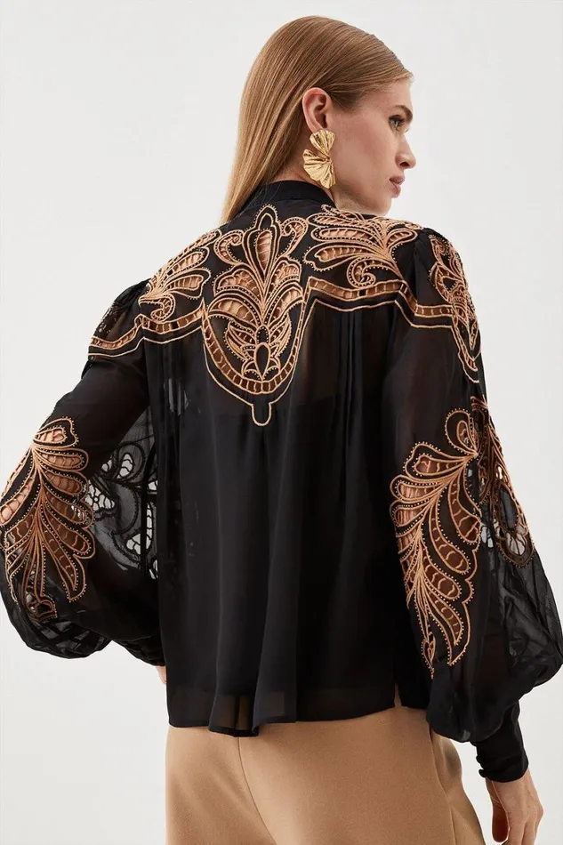 Blouses Women Karen Millen Cutwork Beaded Embroidered Woven Blouse Black
