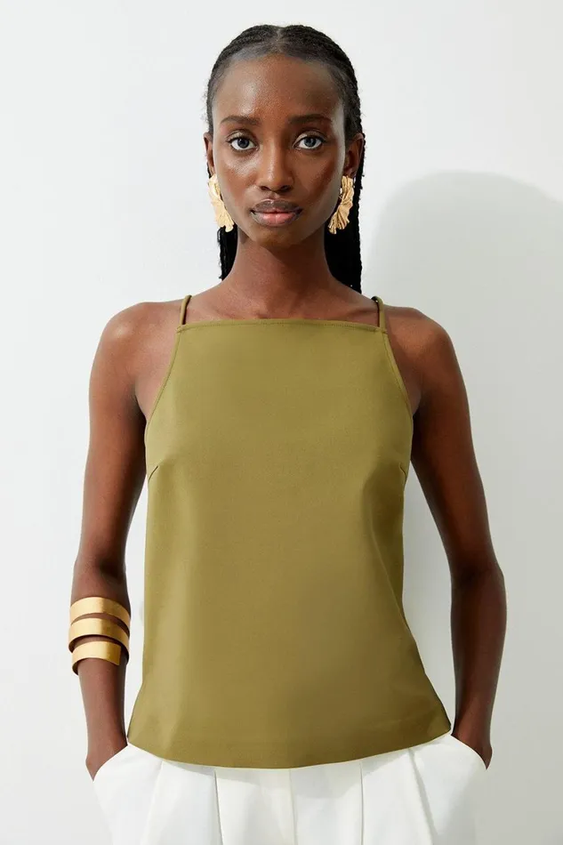 Blouses Women Karen Millen Techno Cotton Woven Square Neck Top Khaki