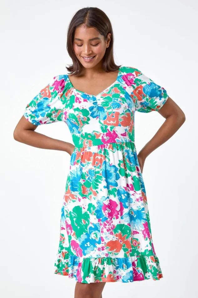 Blue Abstract Floral Ruched Frill Stretch Dress Women Roman Dresses